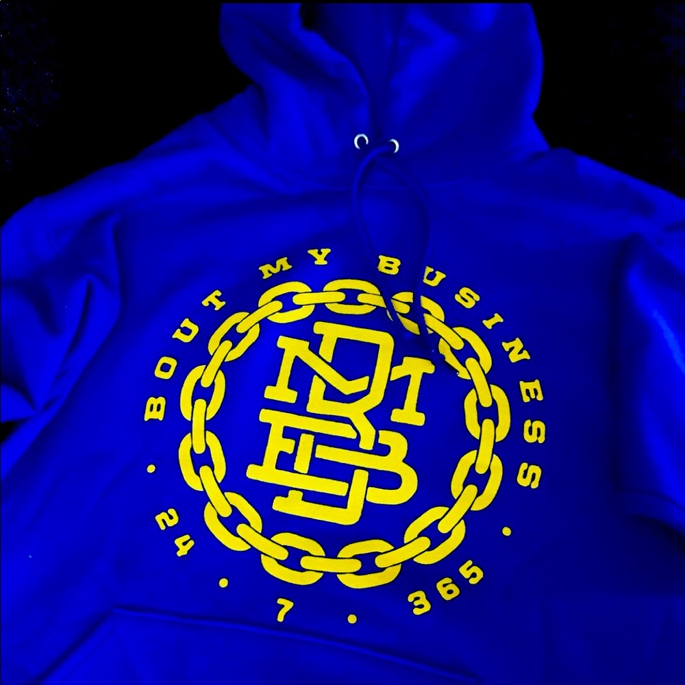 Blue hoodie yellow logo